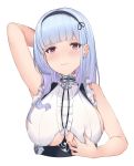  1girl 3: absurdres after_paizuri arm_behind_head arm_up armpits azur_lane bangs bare_shoulders black_hairband blunt_bangs blush breasts center_frills cropped_torso cum cum_on_body cum_on_breasts cum_on_upper_body dido_(azur_lane) eyebrows_visible_through_hair frown hairband highres large_breasts long_hair looking_at_viewer pak_ce purple_eyes shirt silver_hair simple_background sleeveless sleeveless_shirt solo underboob underboob_cutout upper_body white_background white_shirt 