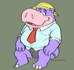  2020 anthro bulge clothing common_hippopotamus hanna-barbera hat headgear headwear hippopotamid jockstrap male mammal necktie overweight overweight_male peter_potamus saltshovel shirt simple_background sitting solo the_peter_potamus_show topwear underwear 