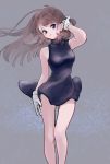  1girl black_dress blue_(pokemon) blue_eyes brown_hair dress feet_out_of_frame gloves grey_background highres long_hair minapo pokemon pokemon_special short_dress signature simple_background sleeveless sleeveless_dress smile standing white_gloves wind 