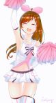  1girl :d ^_^ a.i._channel arm_up armpits artist_name ass_visible_through_thighs bangs breasts brown_hair cheerleader chromatic_aberration closed_eyes commentary_request eyebrows_visible_through_hair facing_viewer hairband highres holding_pom_poms hoshizora_no_shita kizuna_ai long_hair medium_breasts midriff miniskirt open_mouth parted_bangs pink_hairband pleated_skirt pom_poms ponytail sailor_collar shiny shiny_hair signature simple_background skirt sleeveless smile solo thighhighs virtual_youtuber white_background white_skirt 