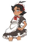  1boy absurdres alternate_costume apron black_hair blue_eyes blush closed_mouth commentary crossdressing dark_skin dark_skinned_male embarrassed enmaided gou_(pokemon) hair_ornament hairclip hand_on_hip highres looking_at_viewer maid maid_apron maid_headdress male_focus nico_o0 pokemon pokemon_(anime) pokemon_swsh_(anime) simple_background solo spiked_hair white_background 