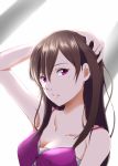  1girl arm_up breasts brown_hair cleavage hair_between_eyes highres long_hair medium_breasts mole mole_under_eye parted_lips purple_eyes simple_background solo suga_natsumi take20131004 tenki_no_ko upper_body white_background 