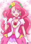  1girl :d back_bow bow choker cowboy_shot cure_grace earrings floral_background flower gloves hair_bun hair_flower hair_ornament hanadera_nodoka hanzou healin&#039;_good_precure heart heart_hair_ornament highres jewelry layered_skirt long_hair looking_at_viewer magical_girl open_mouth pink_background pink_bow pink_eyes pink_flower pink_hair pink_neckwear pink_rose pink_theme precure rose smile solo white_gloves 