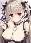  1girl ameto_yuki artist_name azur_lane bangs bare_shoulders between_breasts black_bow blunt_bangs blush bow breasts cleavage close-up closed_mouth collarbone commentary_request corset detached_collar earrings eyebrows_visible_through_hair formidable_(azur_lane) frills hair_bow jewelry large_breasts long_hair long_sleeves nail_polish pulled_by_self red_eyes shoulder_cutout silver_hair smile solo sparkle strap_pull twintails upper_body very_long_hair white_background 