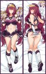  1girl alternate_hairstyle ass bed blush braid breasts cheerleader clothes_writing crop_top dakimakura embarrassed fate/grand_order fate_(series) highres long_braid lying midriff miniskirt navel okitakung open_mouth panties pantyshot pantyshot_(lying) pleated_skirt pom_poms scathach_(fate)_(all) shirt shoes skirt sleeveless sleeveless_shirt sneakers socks solo twin_braids underboob underwear visor_cap white_legwear work_in_progress 