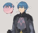  ? black_gloves blue_eyes blue_hair blush_stickers byleth_(fire_emblem) byleth_(fire_emblem)_(male) clenched_hand copy_ability fire_emblem fire_emblem:_three_houses flying gloves grey_background highres imitating kirby kirby_(series) puffy_cheeks super_smash_bros. 