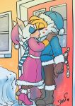  boots canid canine chiropteran clothed clothing coat door female footwear fox fully_clothed hat headgear headwear hi_res high_heeled_boots key kiss_mark kissing krazyelf male mammal miles_prower outside rouge_the_bat scarf snow sonic_the_hedgehog_(series) topwear window 