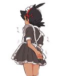  1boy absurdres alternate_costume apron arm_behind_back black_hair blue_eyes closed_mouth commentary crossdressing dark_skin dark_skinned_male embarrassed enmaided from_behind gou_(pokemon) hair_ornament hairclip highres maid maid_apron maid_headdress male_focus nico_o0 pokemon pokemon_(anime) pokemon_swsh_(anime) simple_background solo spiked_hair sweat translation_request white_background 