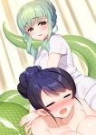  2girls :o aqua_eyes blush breasts cleavage closed_eyes green_hair hair_bun indoors lamia large_breasts looking_at_viewer lying massage monster_girl multiple_girls official_art on_stomach shakaijin_ga_kizuku_ajin_harem shirt short_sleeves sidelocks standing tsuyuta_kome white_shirt 