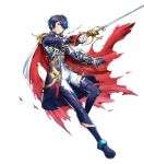  1boy aoi_itsuki armored_boots blue_eyes blue_hair boots cape epaulettes facial_mark fire_emblem fire_emblem_heroes full_body gen&#039;ei_ibunroku_sharp_fe gloves highres mikurou_(nayuta) official_art one_eye_closed sword teeth torn_clothes transparent_background weapon 