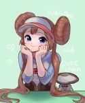  1girl blue_eyes brown_hair creature double_bun eyelashes foongus gen_5_pokemon green_background heart highres long_hair looking_at_viewer minapo pokemon pokemon_(creature) pokemon_special simple_background smile twintails very_long_hair whi-two_(pokemon) 