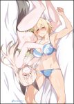  2girls animal_ear_fluff animal_ears armpits blonde_hair blue_bra blue_panties bra breast_squeeze breasts cleavage closed_eyes eila_ilmatar_juutilainen green_bra green_panties highres large_breasts lying multiple_girls navel nikka_edvardine_katajainen on_back on_bed on_side panties short_hair silver_hair smile strike_witches tail tilt-shift underwear world_witches_series yuri 