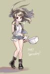  1girl black_eyes black_footwear blue_shorts blush breasts brown_hair closed_mouth denim denim_shorts full_body happy_birthday hat highres holding holding_hat long_hair looking_at_viewer minapo pokemon pokemon_special ponytail pun shadow shirt shoelaces shoes short_shorts shorts simple_background small_breasts smile solo standing tied_hair vest white_(pokemon) white_shirt wind 