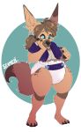  2020 anthro brown_body brown_fur brown_hair canid canine clothed clothing diaper female fennec fingers fox fur hair hi_res mammal open_mouth seamen simple_background 
