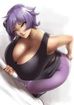  1girl all_fours bed bed_sheet belt black_shirt breasts cleavage commentary dutch_angle eyebrows_visible_through_hair hanging_breasts head_tilt highres huge_breasts light_smile looking_at_viewer original packge pants parted_lips purple_hair purple_pants shirt short_hair smile solo yellow_eyes 