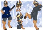  2015 4_toes 5_fingers anthro black_body black_fur black_nose black_pawpads blue_eyes bone butt canid canine canis chibi clothed clothing dobermann domestic_dog english_text eyebrows eyes_closed female fingers fur gloves_(marking) hand_on_hip holding_object holding_weapon leg_markings looking_at_viewer looking_back mammal markings maxie_(rismic) multicolored_body multicolored_fur multiple_poses nipples nude nut-case pawpads pinscher police_uniform pose raised_eyebrow rismic small_tail socks_(marking) tan_body tan_fur text toes tongue tongue_out two_tone_body two_tone_fur uniform weapon 