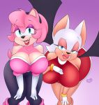  &lt;3 alternate_costume amy_rose big_breasts breasts chiropteran cleavage clothed clothing clothing_swap cosplay duo eulipotyphlan fangs female half-closed_eyes hand_on_breast hands_on_knees hedgehog hi_res leaning_over licking licking_lips looking_at_viewer mammal minxydoodle narrowed_eyes open_mouth rouge_the_bat sonic_the_hedgehog_(series) tongue tongue_out wings 