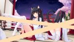  2girls :o all_fours allenes azur_lane bamboo black_hair blue_eyes blush bow brown_eyes censored cherry_blossoms commentary_request flower hair_bow hatsuharu_(azur_lane) japanese_clothes kadomatsu katana kimono knees_up long_hair long_sleeves looking_at_viewer looking_back multiple_girls night night_sky no_shoes one_side_up parted_lips pink_flower pleated_skirt red_bow red_skirt sheath sheathed sitting skindentation skirt sky soles star_(sky) starry_sky sword thighhighs tree very_long_hair weapon white_kimono white_legwear wide_sleeves yuugure_(azur_lane) 