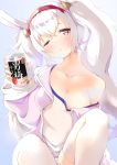  1girl animal_ears azur_lane beer_can blue_background blush breasts bunny_ears camisole can cleavage collarbone fake_animal_ears hairband heart heart-shaped_pupils highres jacket laffey_(azur_lane) long_hair long_sleeves looking_at_viewer medium_breasts off_shoulder one_eye_closed panties pantyshot pantyshot_(sitting) parted_lips red_eyes ryoutsu sapporo_beer simple_background sitting solo strap_slip striped striped_panties symbol-shaped_pupils thighhighs twintails underwear white_legwear 
