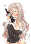  artist_name bottle breasts cleavage closed_eyes corset dated drunk fyuo grey_hair hair_between_eyes heart highres holding holding_bottle kantai_collection large_breasts no_panties open_mouth pola_(kantai_collection) shirt wavy_hair white_background white_shirt wine_bottle 