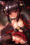  1boy 1girl absurdres akagi-chan_(azur_lane) animal_ears azur_lane bare_shoulders bell black_kimono black_legwear blush bottomless breasts brown_hair censored clothes_down commentary_request cowgirl_position detached_collar fox_ears fox_girl fox_tail hair_bell hair_ornament hakama hakama_lift hakama_skirt heart heart_censor highres japanese_clothes jewelry kimono kimono_pull kitsune lifted_by_self looking_at_viewer multiple_tails nipples no_bra no_panties penis pleated_skirt pussy pussy_juice red_eyes red_hakama ring sex short_hair skirt small_breasts smile solo_focus straddling tail thighhighs vaginal wide_sleeves yufuissei0702 