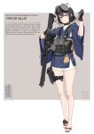  1girl absurdres ar-15 artist_name black_gloves black_hair blush closed_mouth english_text eyebrows_visible_through_hair flip-flops glock gloves grey_eyes gun handgun highres holding holding_gun holding_weapon looking_at_viewer original rifle sandals short_hair short_sleeves smile solo twitter_username vectorek weapon 