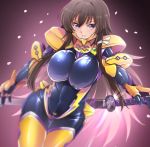  1girl absurdres black_bodysuit bodysuit breasts brown_hair covered_navel highres holding holding_sword holding_weapon impossible_bodysuit impossible_clothes katana large_breasts long_hair looking_at_viewer muvluv muvluv_alternative muvluv_total_eclipse pilot_suit purple_eyes shiny shiny_clothes shiny_hair shiny_skin sidelocks skin_tight solo sword takamura_yui weapon yunodon_(sugar_maple) 