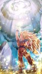  1boy absurdly_long_hair arm_at_side arm_up backlighting blonde_hair blue_eyes blurry blurry_foreground bokeh boots building city clenched_hands cloud cloudy_sky commentary_request dark_clouds day depth_of_field dirty dirty_clothes dirty_face dougi dragon_ball dragon_ball_z energy from_below frown full_body glowing grin highres legs_apart light_particles light_rays long_hair looking_up male_focus mattari_illust no_eyebrows outdoors pectorals profile rock rubble ruins shirt sky skyscraper smile son_gokuu sparkle standing sunlight super_saiyan_3 torn_clothes torn_legwear torn_shirt twitter_username very_long_hair wristband 