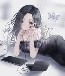  1girl absurdres animal bangs bare_shoulders black_hair black_pants black_shirt blush breasts cat censored cleavage collarbone computer drawing_tablet earbuds earphones eyebrows_visible_through_hair forehead grey_eyes grey_nails hands_up highres holding holding_stylus huion laptop long_hair looking_at_viewer medium_breasts mosaic_censoring nail_polish original pants parted_bangs parted_lips puffy_short_sleeves puffy_sleeves shirt short_sleeves solo strapless stylus tandohark 