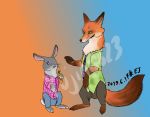 ambiguous_gender barefoot bottomwear canid canine carrot_pen clothed clothing disney duo fluffy fluffy_tail fox fully_clothed fur green_eyes grey_body grey_fur holding_object judy_hopps lagomorph leporid mammal necktie nick_wilde orange_body orange_fur pants purple_eyes rabbit red_fox semi-anthro shirt simple_background slit_pupils topwear whiskers yujin0623 zootopia 