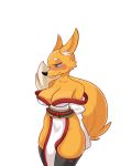  anthro blue_eyes blush breasts canid canine clothing female fox mammal orange_ears orange_tail simple_background sollarian solo white_background white_clothing 