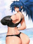  1girl ass bare_shoulders black_gloves black_panties blue_background blue_hair breasts covered_nipples from_behind fumio_(rsqkr) gloves highres huge_ass huge_breasts leona_heidern lips long_hair looking_at_viewer looking_back outstretched_arm panties ponytail pout serious solo the_king_of_fighters thong underwear 