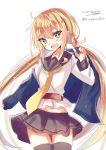  1girl black_legwear black_serafuku blonde_hair blue_jacket blush crescent crescent_moon_pin hair_ornament highres hizaka jacket kantai_collection long_hair long_sleeves looking_at_viewer low_twintails neckerchief open_mouth remodel_(kantai_collection) ribbon satsuki_(kantai_collection) school_uniform serafuku simple_background skirt smile solo thighhighs twintails twitter_username white_background yellow_eyes yellow_neckwear 