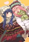  2girls ^_^ animal_hat bangs beanie beige_headwear blue_hair cat_hat closed_eyes closed_mouth down_jacket dutch_angle eyebrows_visible_through_hair facing_another floating_hair fringe_trim green_scarf hair_between_eyes happy hat heart holding_hands jacket kagamihara_nadeshiko light_smile long_hair long_sleeves looking_at_another multiple_girls open_clothes open_jacket open_mouth orange_background outline pink_hair plaid pom_pom_(clothes) poncho print_scarf purple_eyes round_teeth scarf shima_rin sidelocks simple_background smile striped striped_scarf swept_bangs tareme teeth tsumugi15 upper_teeth white_jacket white_outline winter_clothes yurucamp |d 