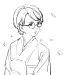  1girl glasses greyscale highres holding japanese_clothes kimono monochrome nazoani_museum obi original sash short_hair simple_background solo tablet_pc upper_body white_background 