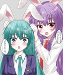  2girls :d :o alternate_hairstyle animal_ears aqua_eyes aqua_hair aqua_neckwear bangs black_jacket blazer blush bunny_ears commentary cosplay crescent crescent_moon_pin crossover eyebrows_visible_through_hair fake_animal_ears grey_background hair_between_eyes hair_down hatsune_miku highres jacket long_hair long_sleeves looking_at_viewer multiple_girls necktie open_mouth purple_hair red_eyes red_neckwear reisen_udongein_inaba reisen_udongein_inaba_(cosplay) sagasosei shirt sidelocks simple_background smile speech_bubble touhou translated upper_body vocaloid white_shirt 