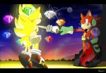  2017 anthro big_eyes big_head black_body black_fur black_nose canid canine canis chaos_emerald classic_sonic classic_sonic_(universe) clothing custom_character_(sonic_forces) eulipotyphlan fist_bump footwear fur gem gesture gloves glowing group handwear hedgehog kalk427 male mammal outside red_body red_eyes red_fur sharp_teeth shoes sonic_forces sonic_the_hedgehog sonic_the_hedgehog_(series) super_sonic teeth toony video_games weapon wispon wolf wounded yellow_body yellow_eyes yellow_fur 