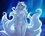  2020 5:4 acino_(artist) alolan_ninetales anthro blue_eyes breasts canid canine collaboration detailed_background digital_media_(artwork) female fur genitals hair looking_at_viewer mammal multi_tail night nintendo nipples nude open_mouth pok&eacute;mon pok&eacute;mon_(species) pussy regional_variant sky slim small_waist smile snow solo ts-cat vesta_(acino) video_games white_body white_fur 