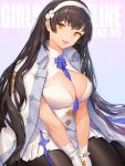  1girl absurdres between_breasts black_hair black_legwear breasts cleavage commentary_request girls_frontline gloves hairband head_tilt hichi highres jacket_on_shoulders korean_commentary lips long_hair looking_at_viewer orange_eyes pantyhose parted_lips qbz-95_(girls_frontline) sitting skirt smile solo very_long_hair wariza white_gloves 