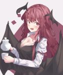  1girl absurdres bangs black_vest black_wings blush breasts buttons cleavage cup head_wings highres holding holding_cup koakuma lab2linch long_hair long_sleeves looking_at_viewer low_wings medium_breasts open_mouth red_eyes red_hair shirt solo teacup teapot touhou vest white_shirt wings 