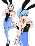  1girl absurdres animal_ears aqua_hair asimatosinosin bare_shoulders black_footwear black_leotard blue_legwear blush bow breasts bulma bunny_ears bunny_tail cleavage commentary_request covering_mouth cuffs dragon_ball earrings eyebrows_visible_through_hair eyes_visible_through_hair high_heels highres jewelry leotard multiple_views open_mouth pantyhose red_neckwear short_hair simple_background sleeveless smile tail white_background white_earrings 