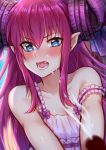  1girl bare_shoulders blue_eyes blurry_foreground blush bow breasts camisole choukoukou_no_diaosi cleavage collarbone cum curled_horns ejaculation elizabeth_bathory_(fate) elizabeth_bathory_(fate)_(all) fang fate/grand_order fate_(series) frills highres long_hair open_mouth penis pointy_ears purple_bow purple_hair sidelocks small_breasts solo_focus straight_hair teeth upper_body 