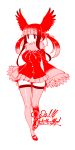  1girl blush breasts dated eyebrows_visible_through_hair flat_color full_body highres kemono_friends large_breasts limited_palette long_sleeves looking_away parted_lips red_eyes red_hair scarlet_ibis_(kemono_friends) skirt solo thighhighs yoshida_hideyuki 