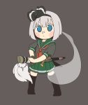  1girl :&lt; adapted_costume bandaid bandaid_on_nose belt black_hairband black_legwear black_ribbon black_shirt blue_eyes blush_stickers chibi citrus_(place) flower full_body green_skirt grey_background grey_hair hair_ribbon hairband highres katana konpaku_youmu konpaku_youmu_(ghost) looking_at_viewer neckerchief pleated_skirt ready_to_draw red_neckwear ribbon sailor_collar school_uniform sheath shirt short_hair short_sleeves simple_background skirt standing sword tassel thighhighs touhou weapon 