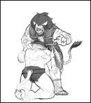  2019 anthro back_muscles black_and_white bodily_fluids claws clothing crouching custapple duo fangs felid feline fellatio final_fantasy final_fantasy_xiv fur hair hi_res hrothgar male male/male mammal monochrome muscular muscular_male open_mouth oral penile runar_(ffxiv) sex sharp_teeth simple_background square_enix standing subligar sweat teeth underwear video_games white_background 