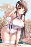  1girl adjusting_hair arm_support artist_name blue_swimsuit blush breasts brown_eyes brown_hair closed_mouth collarbone competition_swimsuit covered_navel flower girls_frontline hair_flower hair_ornament highres large_breasts looking_at_viewer one-piece_swimsuit outdoors poolside qbz-95_(girls_frontline) shirosaba sidelocks solo swimsuit thighhighs tree two-tone_swimsuit white_swimsuit 