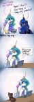  2020 absurd_res anticularpony boots clothing comic computer cosmic_hair crown dialogue duo english_text equid ethereal_hair female feral footwear friendship_is_magic hair hi_res horn laptop mammal multicolored_hair my_little_pony princess_celestia_(mlp) princess_luna_(mlp) pseudo_hair sibling simple_background sister sisters text winged_unicorn wings 