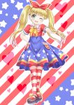  1girl ;d american_flag american_flag_print bangs blonde_hair blue_sky blunt_bangs blush bow bracelet brown_footwear collared_shirt commentary_request eyebrows_visible_through_hair flag_print full_body green_eyes hair_ornament hair_ribbon hand_on_hip heart highres idolmaster idolmaster_cinderella_girls idolmaster_cinderella_girls_starlight_stage jewelry long_hair mary_cochran mary_janes one_eye_closed open_mouth pantyhose print_skirt red_ribbon red_shirt regular_mow ribbon shirt shoes short_sleeves skirt sky smile solo standing star star_hair_ornament star_print striped striped_legwear twintails v-shaped_eyebrows very_long_hair yellow_bow 