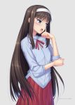  1girl blush brown_hair commentary_request copyright_request dated eyebrows_visible_through_hair grey_background hairband long_hair long_sleeves miyai_sen open_mouth pleated_skirt red_ribbon red_skirt ribbon shirt simple_background skirt solo white_hairband 