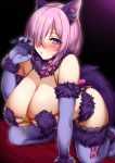  1girl animal_ear_fluff animal_ears black_background black_nails black_panties blush breasts claws cleavage commentary_request dangerous_beast elbow_gloves fate_(series) fur_collar fur_trim gloves hair_over_one_eye highres huge_breasts kneeling kusahagane looking_at_viewer mash_kyrielight panties purple_eyes purple_gloves purple_hair purple_legwear revealing_clothes short_hair solo tail thighhighs underwear wolf_ears 